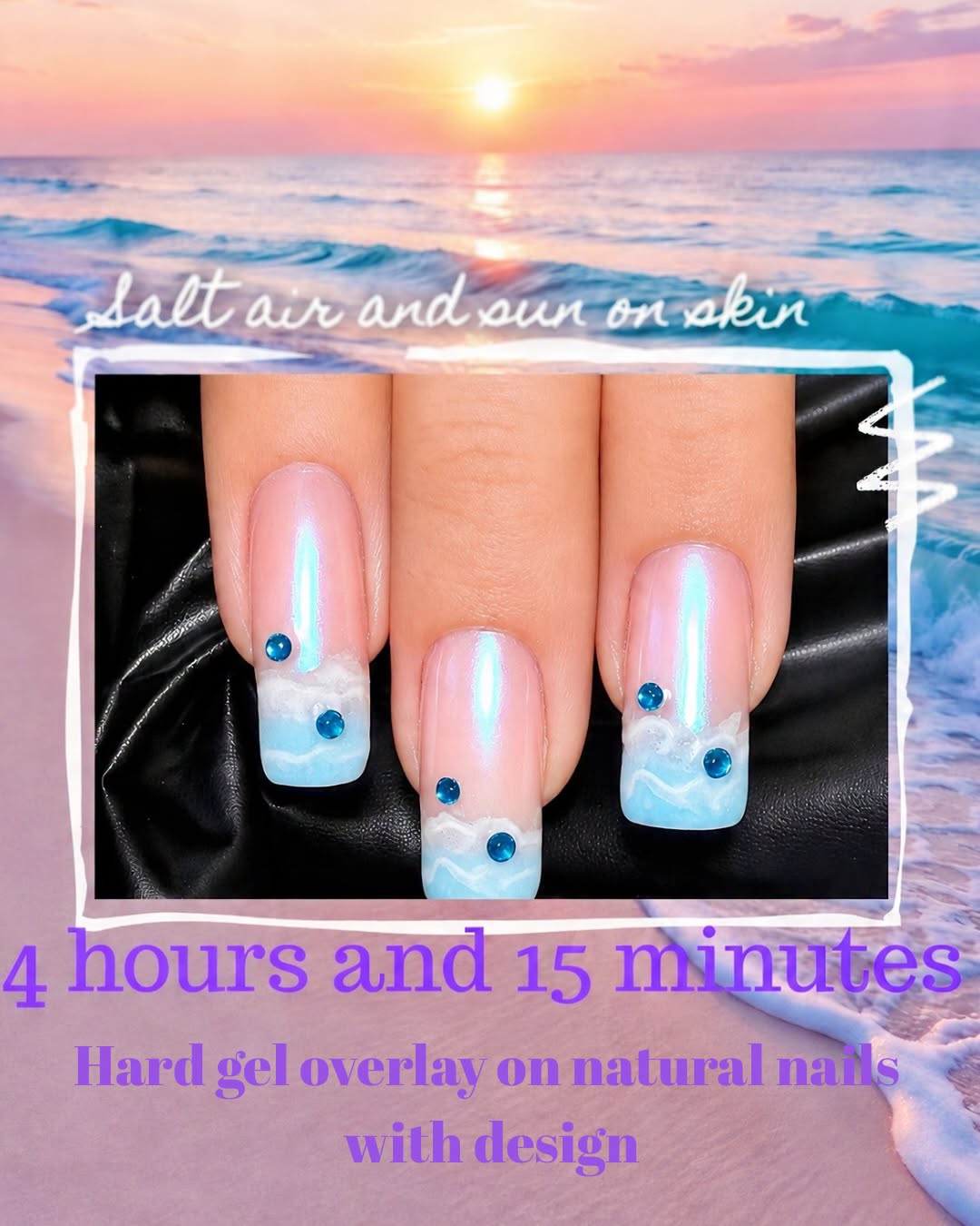 Ocean themed nail art with blue ombre tips and rhinestones