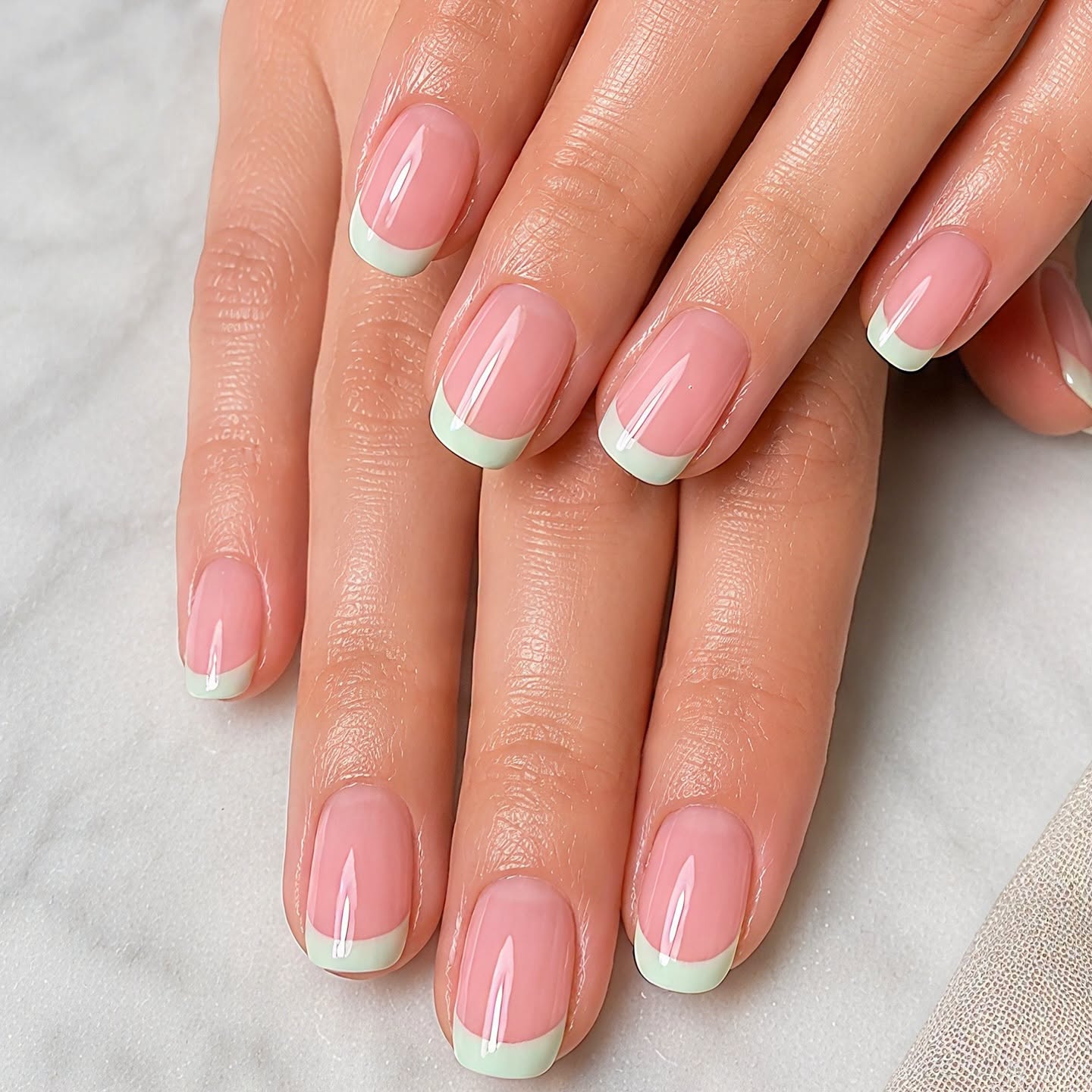 Classic French manicure nails with pink and white polish