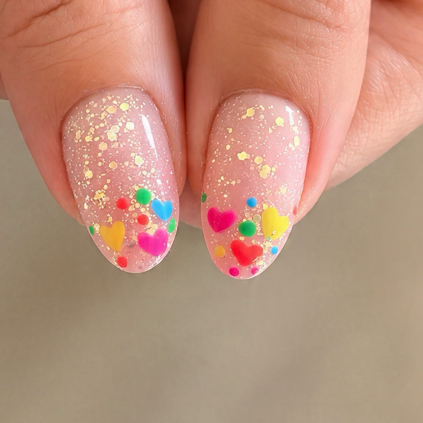 Pink glitter nails with colourful hearts and rhinestones