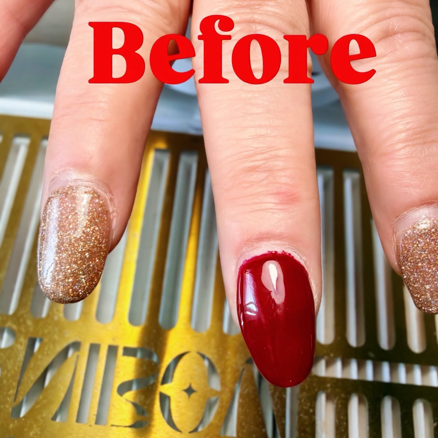 Red and gold glitter nail polish manicure design