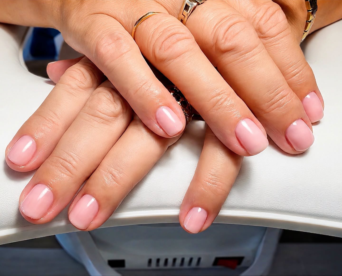 Close up of manicured pink nails with a glossy finish